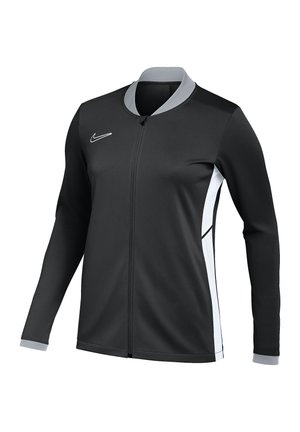 Schwarze Sportjacke mit langen Ärmeln, Reißverschluss vorne, grauem Kragen und weißen seitlichen Akzenten. Hergestellt aus glattem, synthetischem Material.