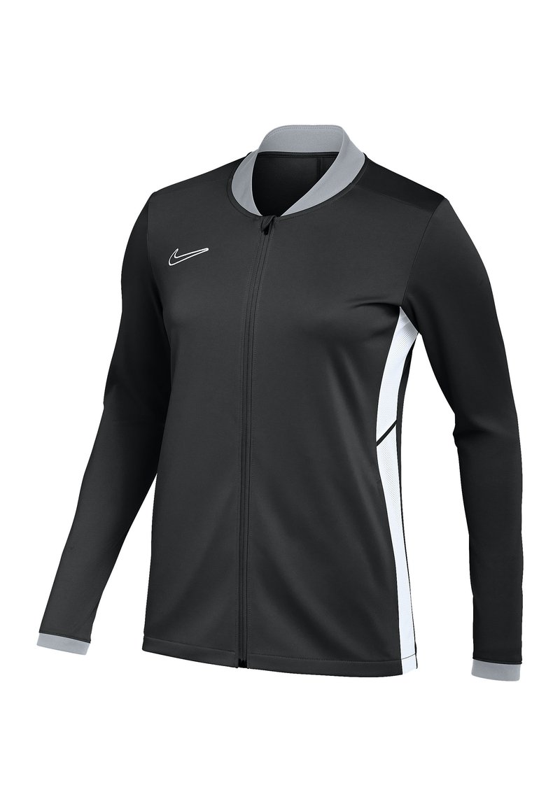 Schwarze Sportjacke mit langen Ärmeln, Reißverschluss vorne, grauem Kragen und weißen seitlichen Akzenten. Hergestellt aus glattem, synthetischem Material.