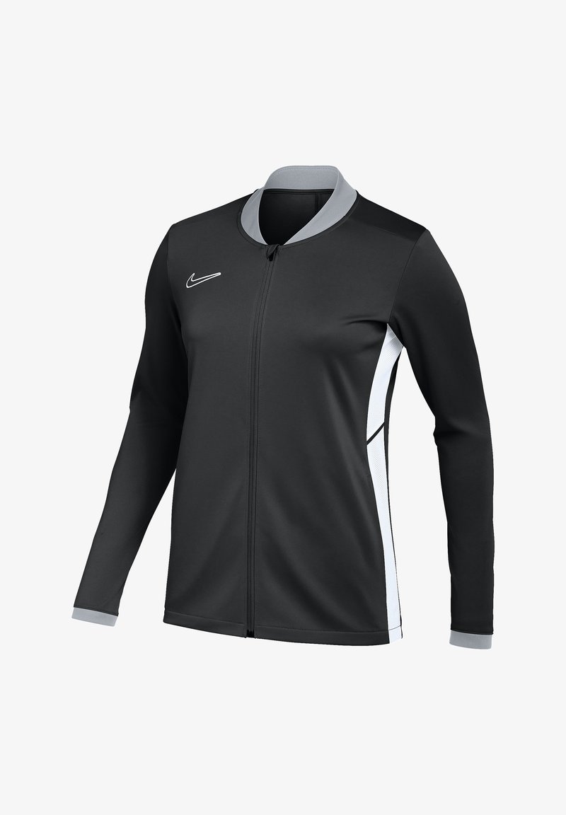 Schwarze Sportjacke mit langen Ärmeln, Reißverschluss vorne, grauem Kragen und weißen seitlichen Akzenten. Hergestellt aus glattem, synthetischem Material.