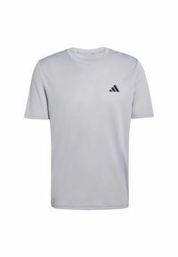 Svetlosivé športové tričko s krátkym rukávom, okrúhlym výstrihom a malým čiernym logom Adidas na ľavej strane hrudníka.
