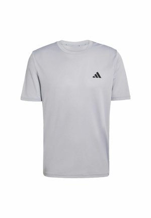 Camiseta deportiva de manga corta en gris claro con cuello redondo y pequeño logo negro de Adidas en el pecho izquierdo.