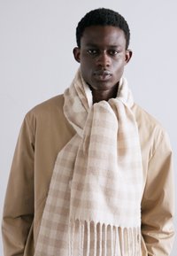 Beige ruuduline sall, mis on valmistatud pehmest materjalist ja millel on äärtes frantsiisid. Kandub kaela ümber, sobitades tuhmi värvi välimise jopega.