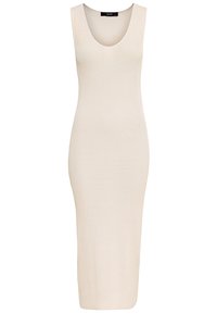 Stickad ärmlös midiklänning i krämfärg, med rundad halsringning och kroppsnära passform. Slät textur med ribbat mönster genom hela plagget.