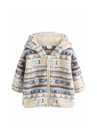 Fleece hættetrøje med en creme-blå farveskema, der har geometriske mønstre og en frontlynlås. Blødt, tekstureret stof.
