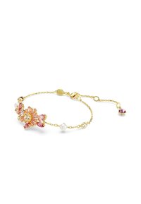 Goldfarbener Armband mit floralem Design, verziert mit rosa und klaren Edelsteinen, Perlen und einem Karabinerverschluss. Kettenglied-Detail vorhanden.