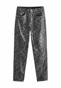 Schwarz- und grau gepunktete Leopardenmuster-Jeans mit geradem Bein, vorderen Taschen und Metallschließe, aus Denim-Stoff gefertigt.