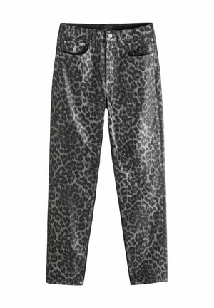 Black and gray leopard print jeans, featuring a straight-leg design, front pockets, and metal button closure, made from denim fabric.