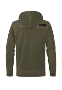 Olijfgroene fleece hoodie. Heeft een gestructureerd schouderpaneel en een logo-detail op de achterkant, met ribgebreide manchetten en een zoom.