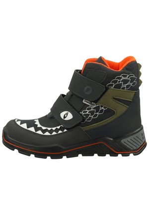 Sorte og grå højttopstøvler med et struktureret design, der har et monsteransigt med et øje, orange foring og Velcro-lukninger. Gummisål.