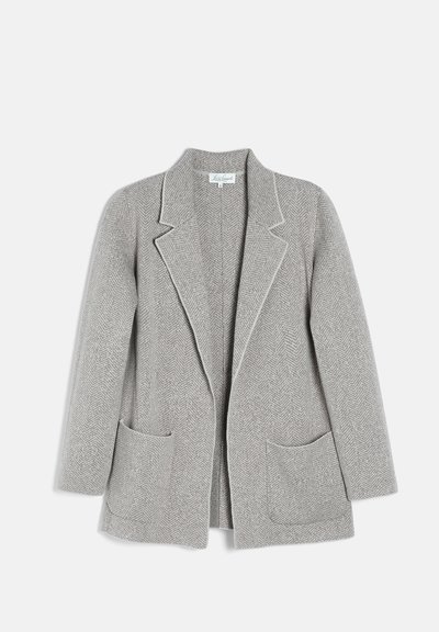 Blazer gris clair à ouverture devant, motif chevrons, revers crantés, manches longues et deux poches plaquées devant.