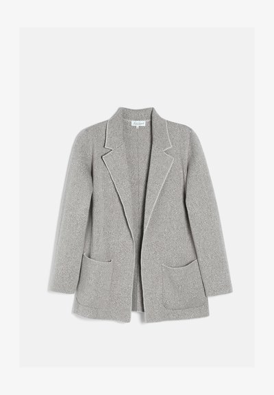 Blazer gris clair à ouverture devant, motif chevrons, revers crantés, manches longues et deux poches plaquées devant.