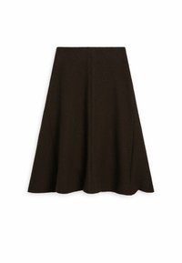 Ruskea, polven pituinen A-linjainen hame, joka on valmistettu teksturoidusta kankaasta. Hameessa on muotoiltu vyötärö ja levenevä helma. Ei näkyviä kuvioita tai koristeita.