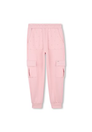 Roze sweatpants van zacht materiaal, met een textuurband in de taille, twee zijzakken en twee cargostijl zakken op de benen.