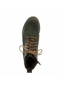 Bottine en cuir brun avec un bout rond, des lacets bruns et une fermeture éclair intérieure. Présente des détails de couture le long de la semelle et une languette à l'arrière.