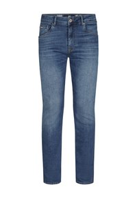 Jeans de denim azul de corte skinny con cinco bolsillos, cremallera y cierre de botón, y una sutil textura desgastada.