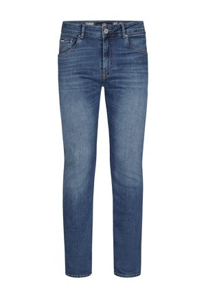 Jeans din denim albastru, slim fit, cu cinci buzunare, fermoar și închidere cu button, și o textură ușor estompată.