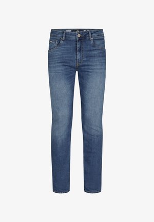 Jeans in denim blu slim fit con cinque tasche, patta con zip e chiusura a bottone, e una leggera texture sbiadita.