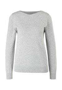 Pull à manches longues gris clair avec col rond, poignets et ourlet côtelés, présenté sur un fond blanc.