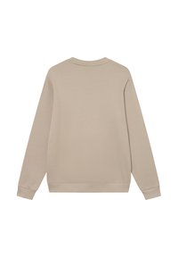 Μπεζ φανέλα με μακριά μανίκια, στρογγυλή λαιμόκοψη, πλεκτές μανσέτες και στρίφωμα. Λείος υφασμάτινος υφή, απλός σχεδιασμός χωρίς εμφανή μοτίβα ή διακοσμήσεις.