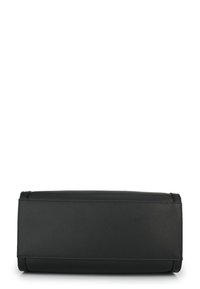 Black leather bag with a rectangular shape, smooth texture, and stitched accents. Minimalist design, no visible hardware or patterns.
