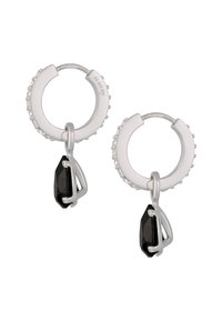 Boucles d'oreilles en argent en forme de cerceau avec un bord extérieur texturé, présentant une pendeloque en forme de goutte en gemstone noire au centre.