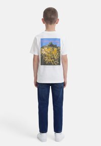 Chłopiec ubrany w białą koszulkę z grafiką gór i żółtych kwiatów z napisem „Rośliny i flora”, niebieskie dżinsy i białe trampki, stoi tyłem.