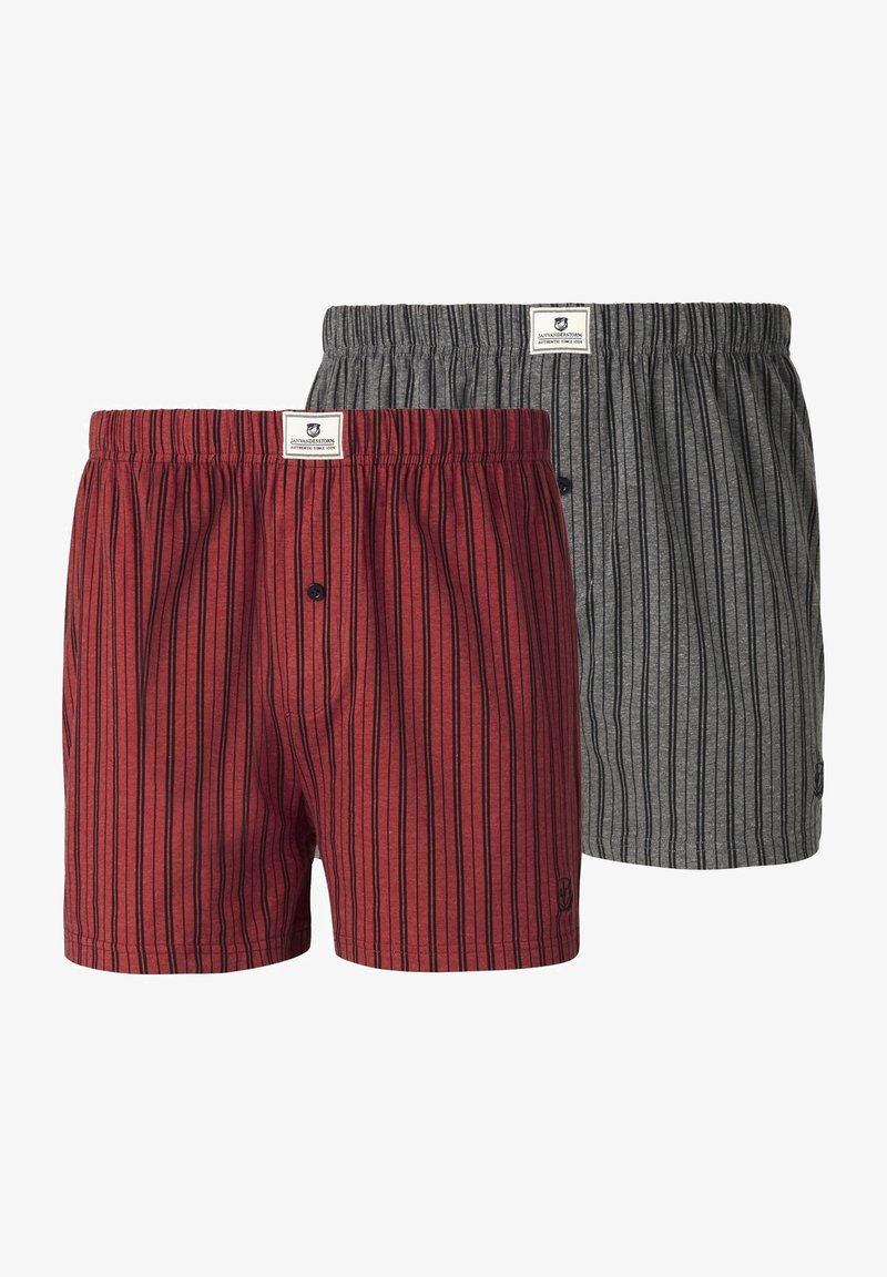 Cotton boxers in red and gray, featuring vertical stripes. Each pair has an elastic waistband and a button fly. Logos on waistband.