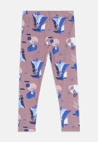 Puha, rugalmas anyagból készült leggings, mauve színű háttérrel, amelyen kék, rózsaszín és fehér virágos és figura minták láthatók.