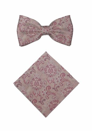 Roze en beige zijden vlinderdas met paisley patroon en bijpassend pochet op een witte achtergrond.