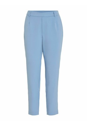 Light blue tailored trousers with a smooth texture, featuring a mid-rise waistband and tapered leg design. No visible pockets or accents.
