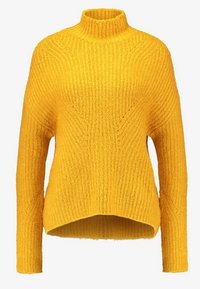 Knitted yellow sweater with a high neck, featuring a loose fit, ribbed texture, and diagonal stitch pattern along the sleeves and body.