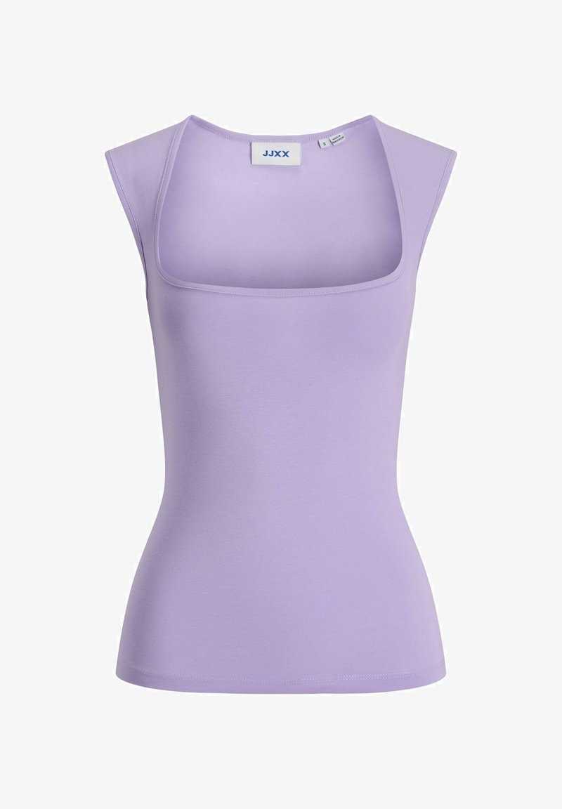 Haut sans manches lilas avec un col carré, fabriqué dans un tissu lisse et extensible. Présente un design ajusté et des détails de couture minimalistes.