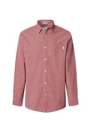 Camicia a maniche lunghe a quadri rossi e bianchi con colletto e tasca, caratterizzata da un design classico e una texture in cotone morbida.