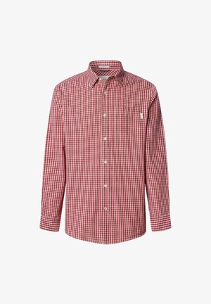 Rdeča in bela karirana srajca z dolgimi rokavi, gumbom in ovratnikom, s klasičnim dizajnom in gladkim bombažnim materialom.