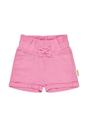Pink toddler shorts made of textured fabric with an elastic waistband and a front bow detail, featuring rolled cuffs and a tag on the side.