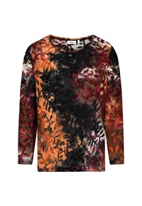 Langärmliges Oberteil mit floralen Mustern in Schwarz, Rot und Orange, runder Halsausschnitt und weichem, strukturiertem Stoff.
