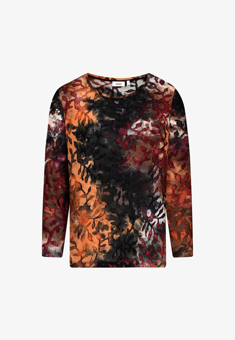 Langärmliges Oberteil mit floralen Mustern in Schwarz, Rot und Orange, runder Halsausschnitt und weichem, strukturiertem Stoff.