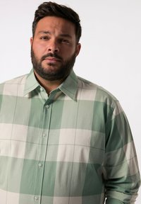 Camisa de cuadros verde y beige hecha de una tela ligera. Presenta un cuello puntiagudo y cierre de botones, con un corte relajado y mangas largas.