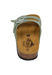 Green leather slide sandal with a silver adjustable buckle, cork footbed, and rubber sole. Interior lined with brown suede texture.