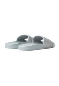 Chanclas grises con una correa texturizada, suela plana y un distintivo branding en el lateral. Fabricadas con material de goma duradera.