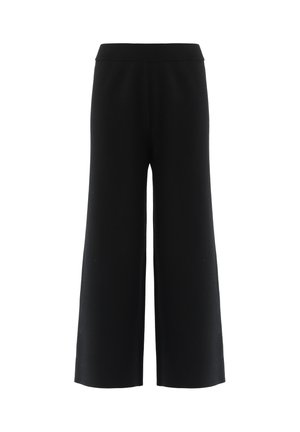 Pantaloni neri a gamba larga realizzati in un tessuto morbido, con vita elastica e senza chiusure visibili. Presentano un design pulito e minimal.
