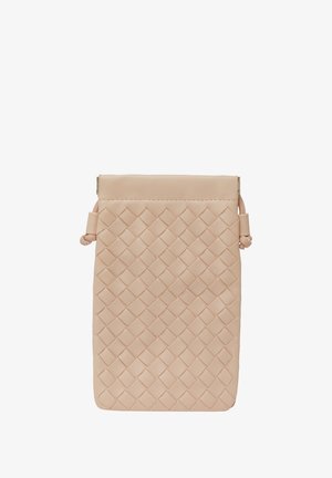 Woven leather pouch in light pink, featuring a distinctive diamond pattern, smooth texture, and a top closure with tied accents on the sides.