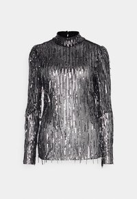 Langarmshirt mit hohem Kragen, verziert mit vertikalen schwarzen und silbernen Paillettenstreifen, transparentem Stoff und Fransen am Saum.