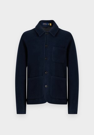 Navy wool jacket with a collared neckline, front buttons, and two large pockets. Texture appears soft and woven with a smooth finish.