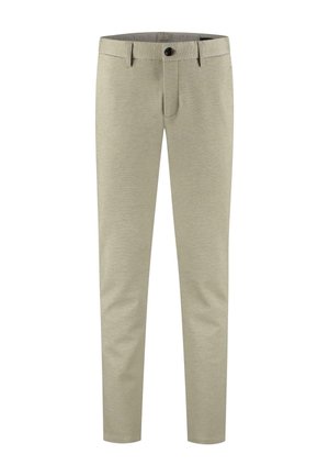 Pantalones beiges ajustados hechos de un material texturizado, con cierre de botón y bolsillos frontales. Corte Slim con diseño de pierna tapered.