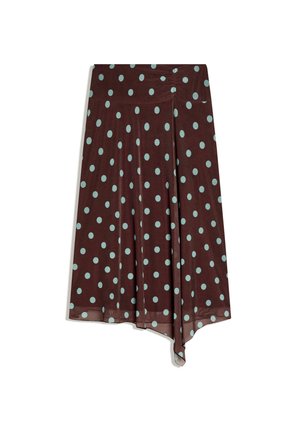 Brauner asymmetrischer Rock mit hellblauen Punkten, mit einem gerafften Detail nahe dem Bund.