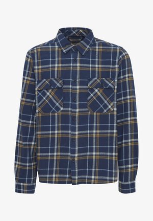 Granatowa koszula flanelowa w kratę w żółtym i jasnoniebieskim kolorze. Posiada dwie kieszenie na piersi oraz zapięcie na guziki z długimi rękawami.