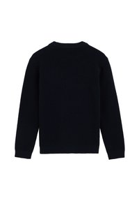 Mörkblå stickad tröja med ribbad rund halsringning och långa ärmar. Enkel design med texturerat tyg och utan synliga prydnader.