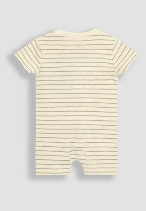 Világos krém színű, vékony barna vízszintes csíkos, rövidujjú rugdalózó, puha pamutból készült, alul snap záródással.