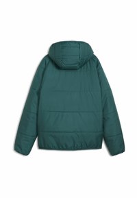 Chaqueta de plumas color teal con capucha, que presenta una textura acolchada y un dobladillo elástico. La parte trasera cuenta con costuras horizontales y un diseño de capucha redondeada.